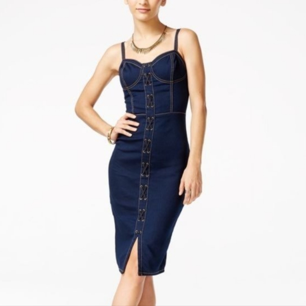 Material Girl Dark Denim Corset Suede Lace Up Dress Sleeveless Size X-Small